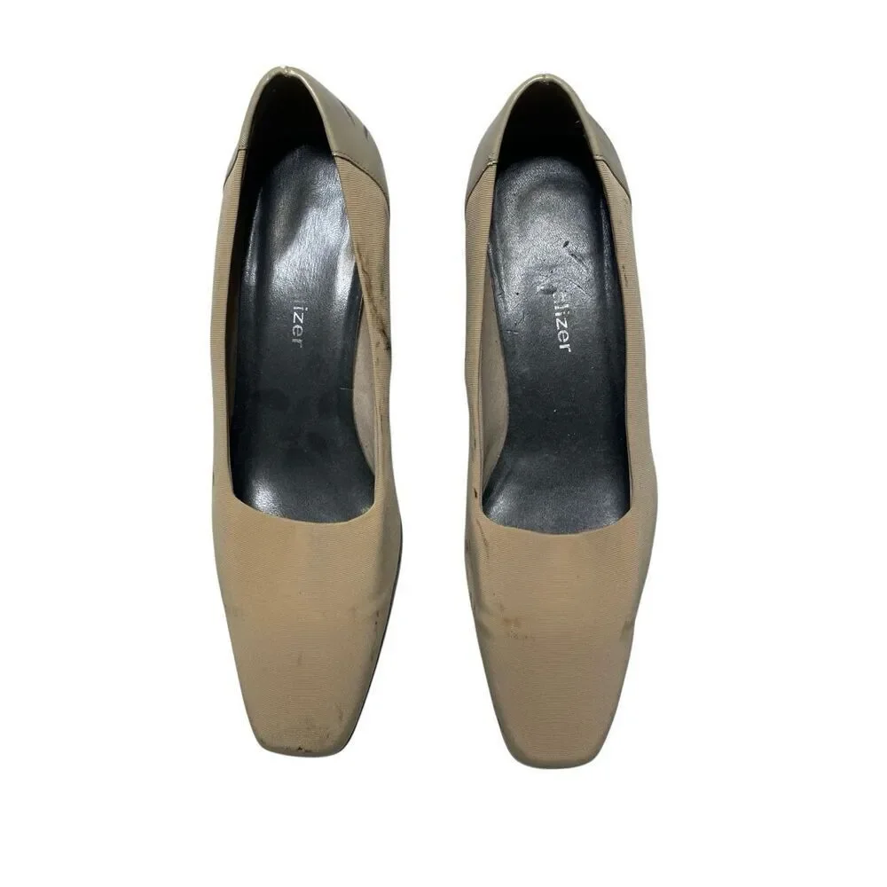 Flawed Naturalizer Taupe Stretch Fabric Block Heel Pumps Square Toe Womens Sz 8M